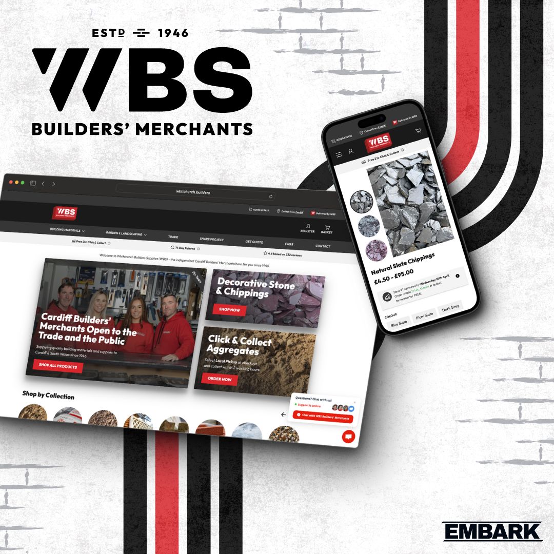Website and mobile application interface of VBS Builders' Merchants, designed for optimal web design, displayed on a smartphone and computer screen, featuring decorative stone offerings.