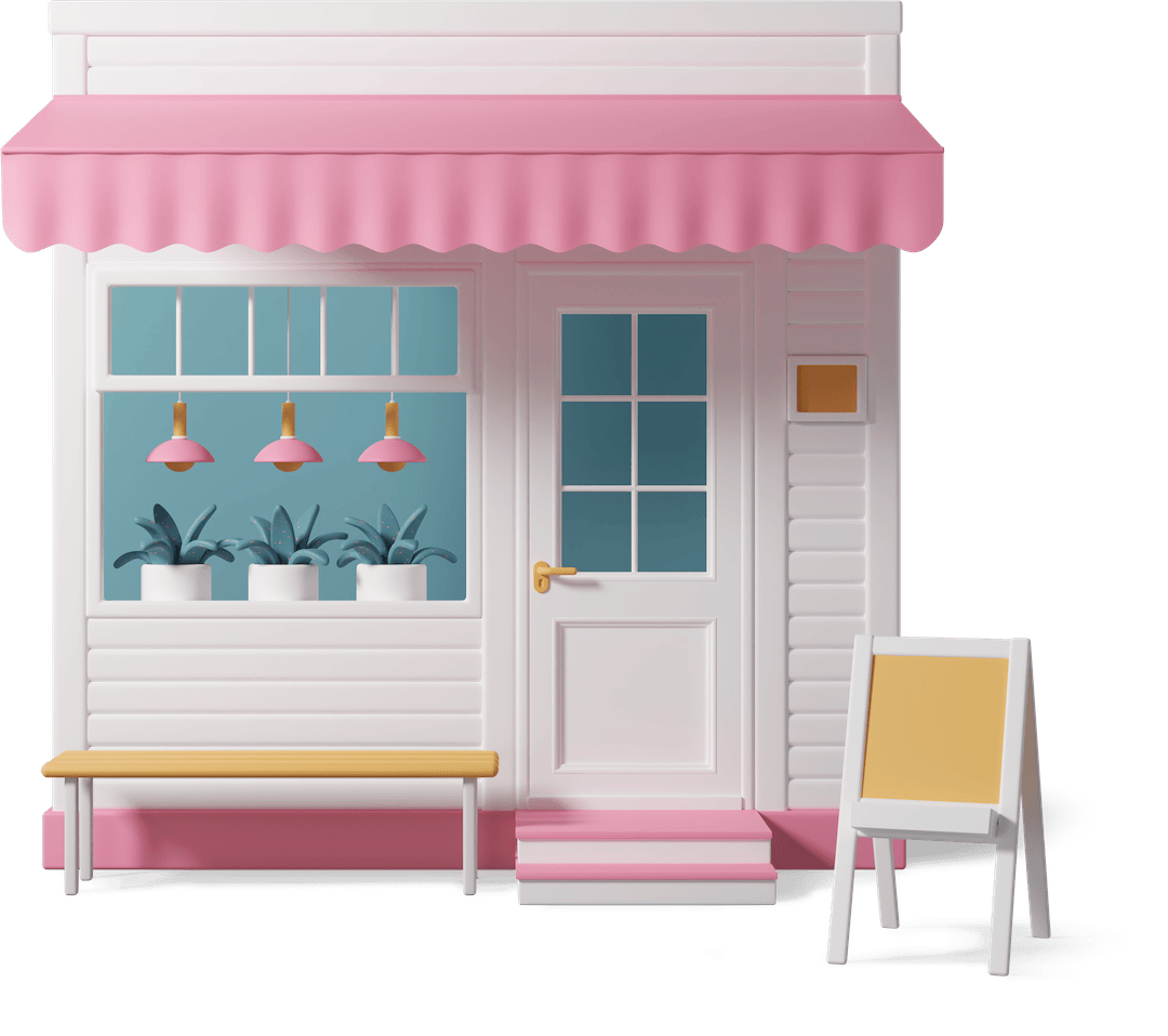 A shop with a pink awning and a bench.