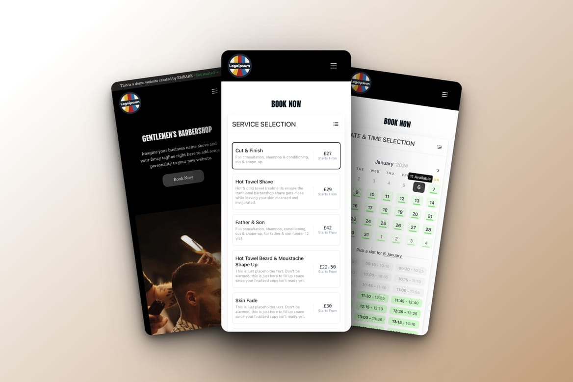A mobile app for client bookings and appointments with a black and white background.
