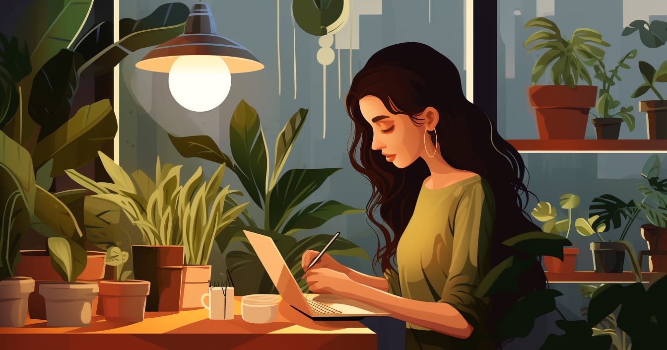 A girl sitting at a desk with plants and a laptop.