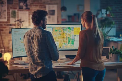 Two people stand at a desk, examining a large computer screen displaying a colorful map and data charts. The workspace is dimly lit with a casual, modern ambiance, perfect for an essential guide on Local SEO strategies tailored for small businesses.