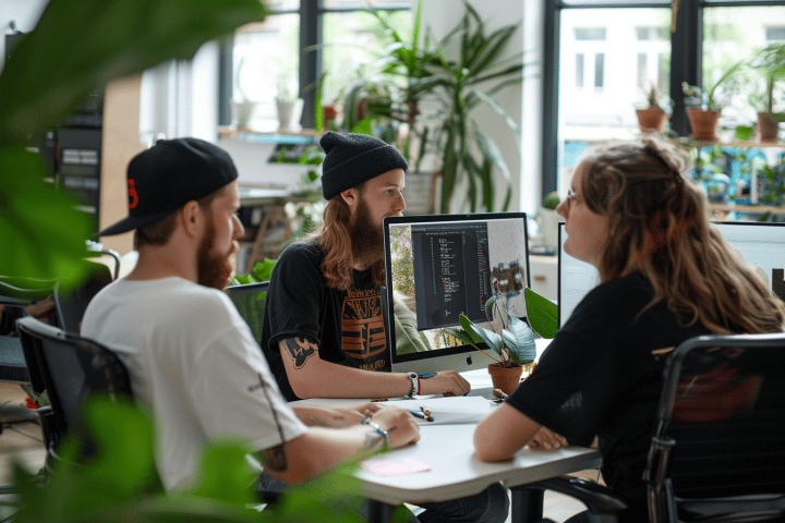 Three individuals in a casual office setting, engaged in a discussion about evolving your brand with laptop computers and notepads on the table, surrounded by houseplants.