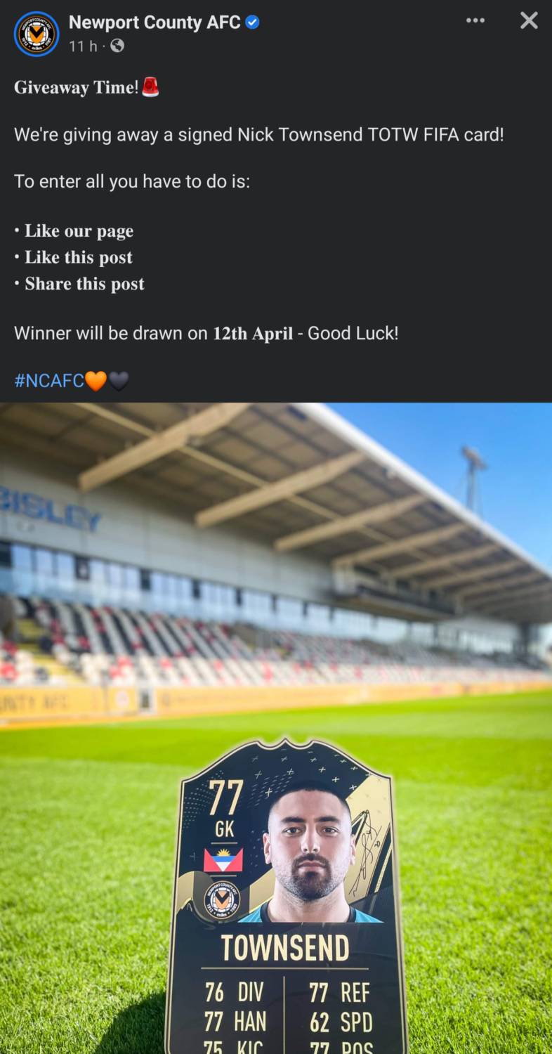 A football club announces a Like & Share Competition on Facebook: win a signed Nick Townsend TOTW FIFA card by liking and sharing the post. The winner will be drawn on April 12th. The image shows the card in a stadium setting.