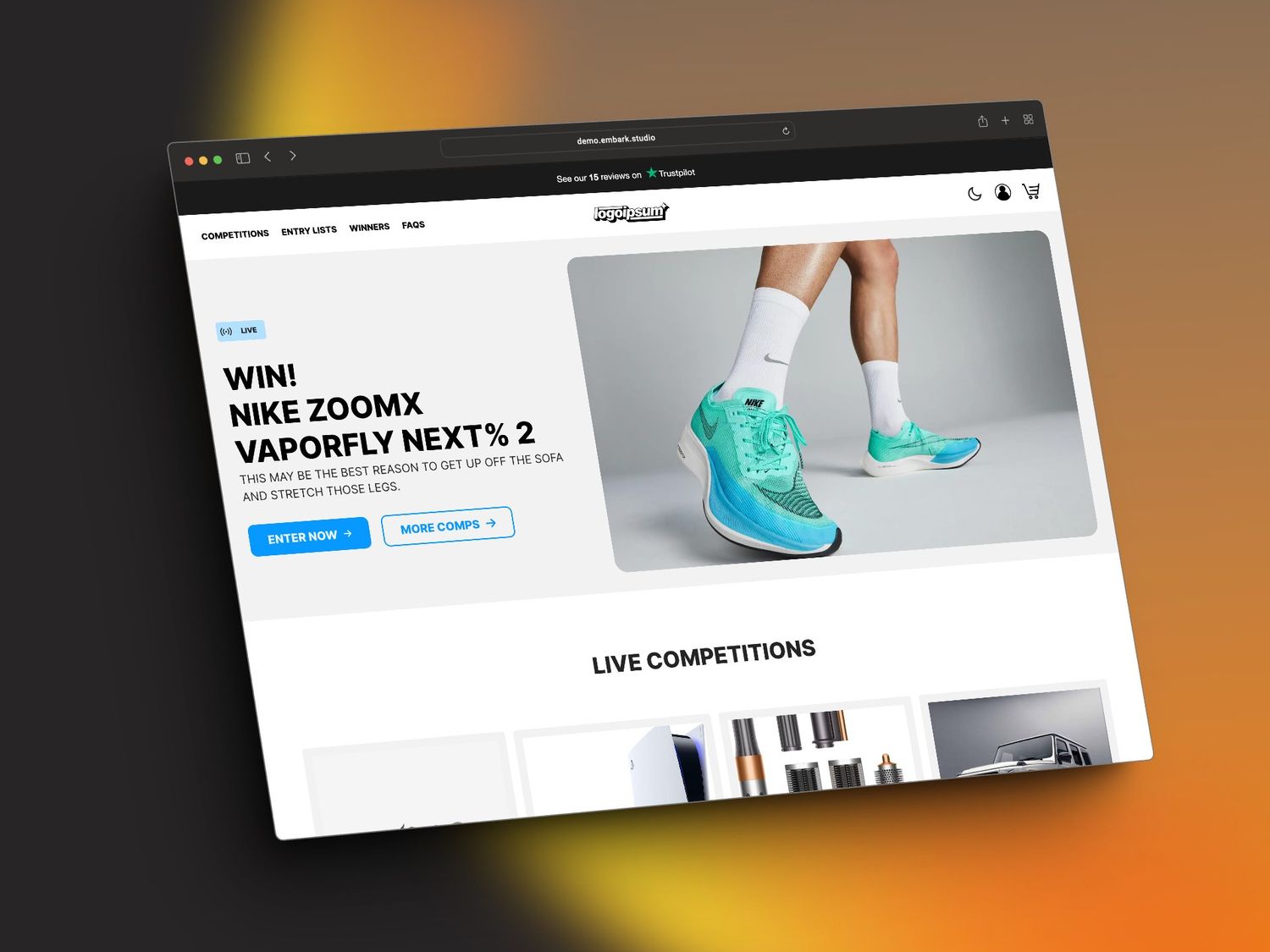 Website displaying a competition to win a pair of Nike ZoomX Vaporfly Next% 2 shoes, with an image of the shoes and various other competitions listed below.