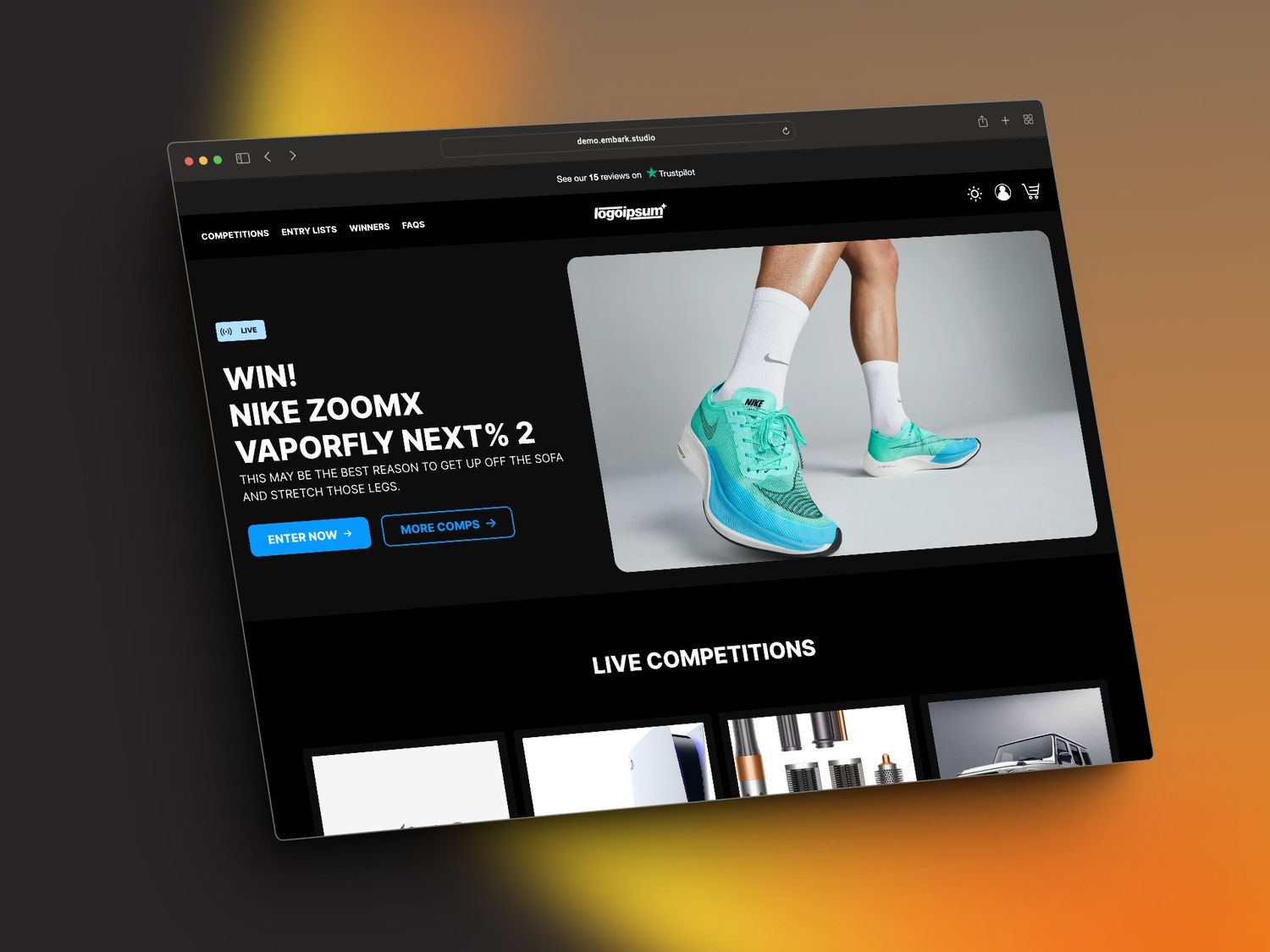A website displays a competition to win Nike ZoomX Vaporfly Next% 2 shoes. The page features a large image of the shoes and links to enter the competition and view more competitions.