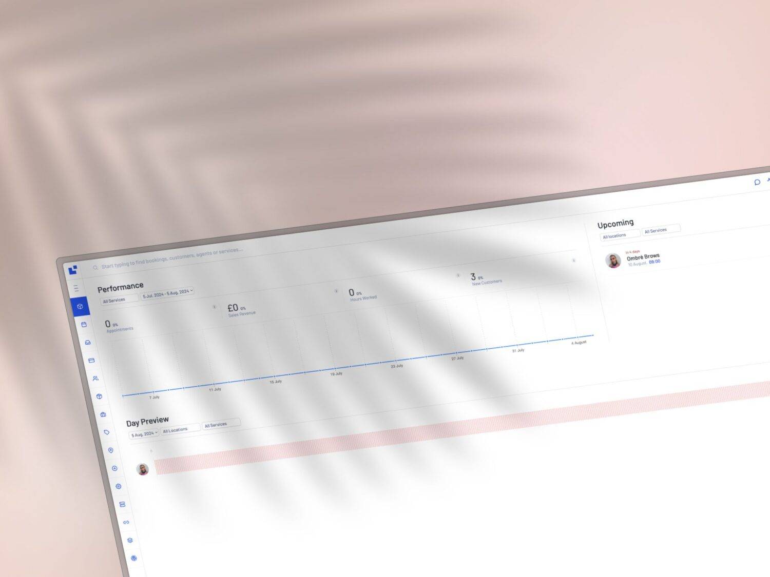 The computer screen displays a performance dashboard with graphs and statistics, partially shaded by the shadow of a palm leaf, as if nature gently brushes against the world of data.