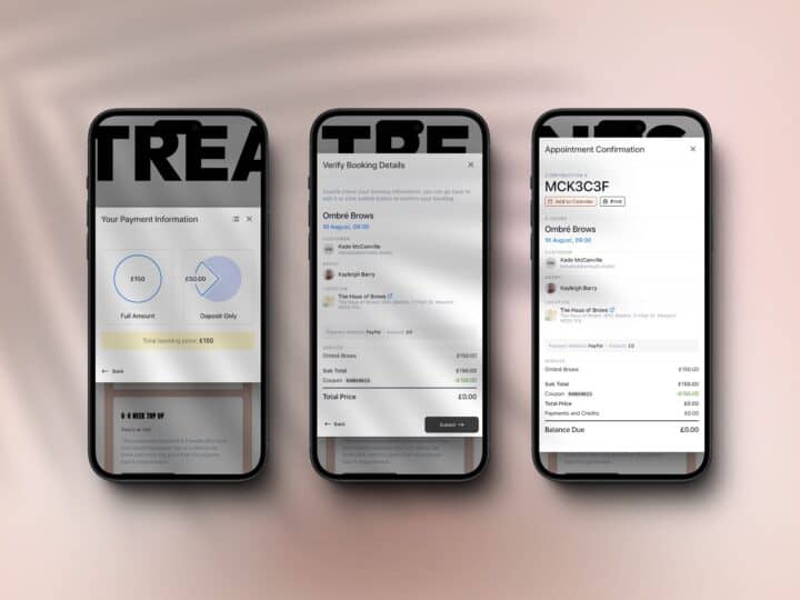 Three smartphone screens display a payment confirmation, booking details, and appointment confirmation for a barber service.