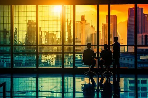 Three people in business attire are silhouetted against a large window with an urban cityscape and a setting sun in the background. Two are seated at a table, discussing business growth, while one stands nearby, representing their strategic PR agency.