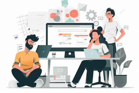 Three professionals, one sitting on the floor, one at a desk, and one standing, collaborate on an AdWords campaign around a large desktop computer in a creative office setting.