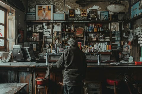 An elderly man sitting at a vintage bar surrounded by old posters and memorabilia, indicative of a venue that needs a website redesign, with dim lighting.