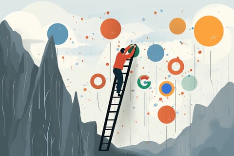 Use SEO strategies to drive website traffic with an illustration of a man climbing a ladder with balloons.