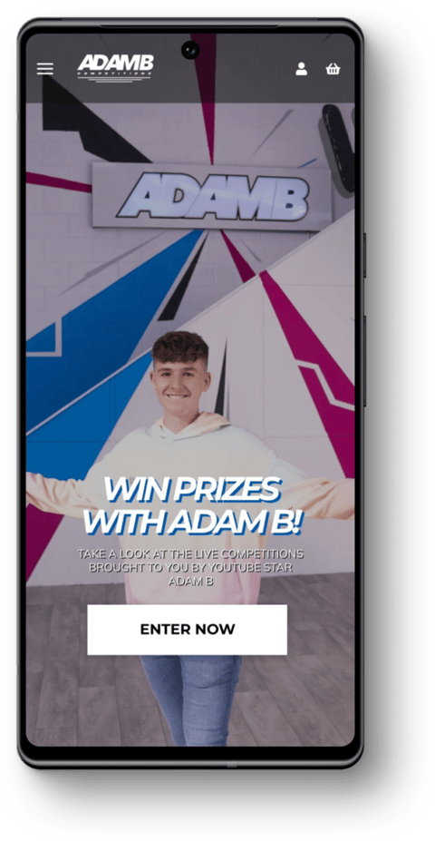 Adam B Competitions website shown on a mobile device created by EMBARK