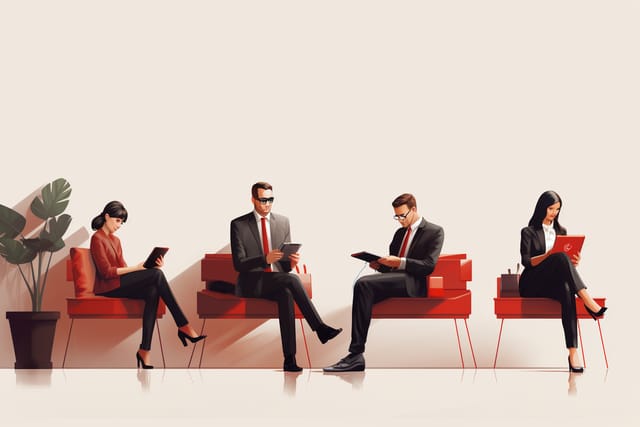 Business people sitting on red chairs.