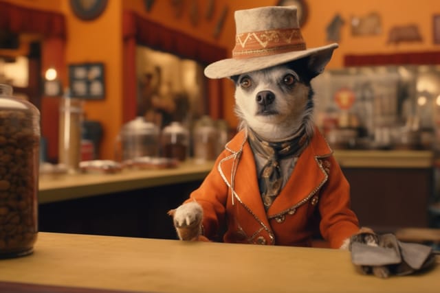 An eCommerce chihuahua wearing a hat at a bar.