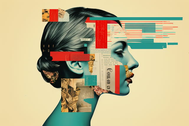 A woman's head is covered with papers and magazines, creating a balance of visuals in web design.