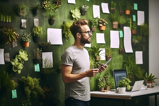 A man standing in front of a green wall with plants on it, showcasing a potential make or break moment for his business web design.