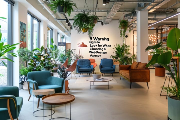 A spacious modern office lobby filled with a variety of plants, colorful seating, and a wall displaying the message "5 Warning Signs to Look for When Choosing a Web Design Agency.