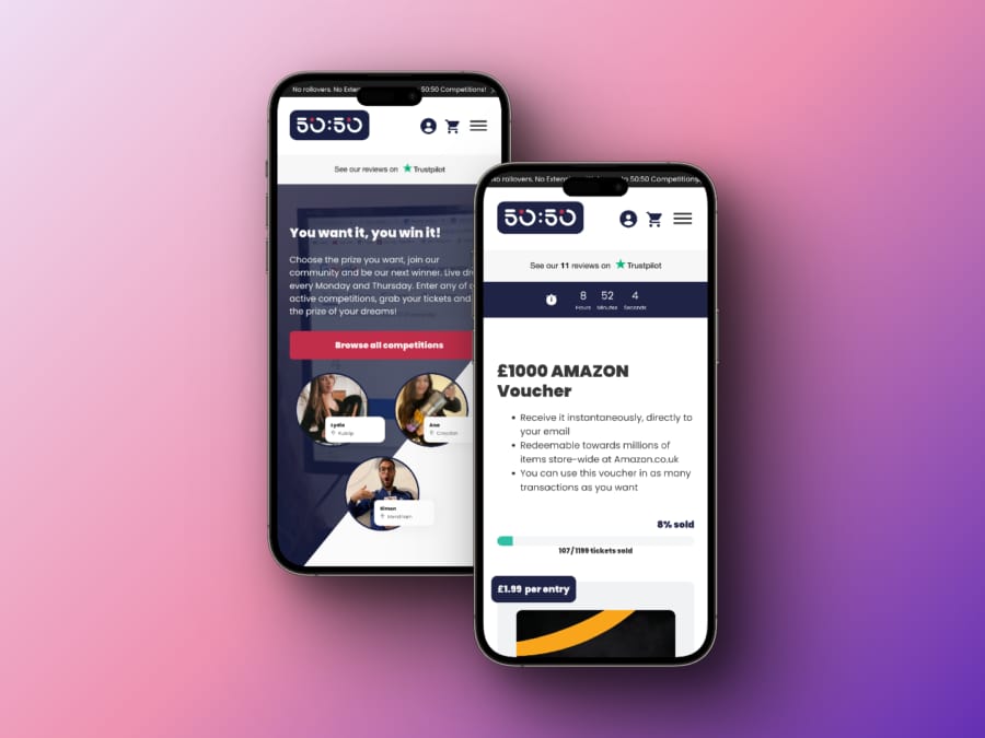 two mobile device mockups of a competition website created by embark showing home and competition pages