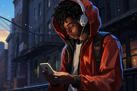 A man in a red hoodie is holding a phone and listening to music while incorporating best practices for making a user-friendly website for teens.