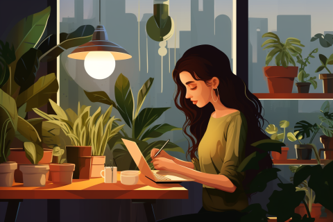 A girl optimizing web design for better user experience at her desk surrounded by plants and a laptop.