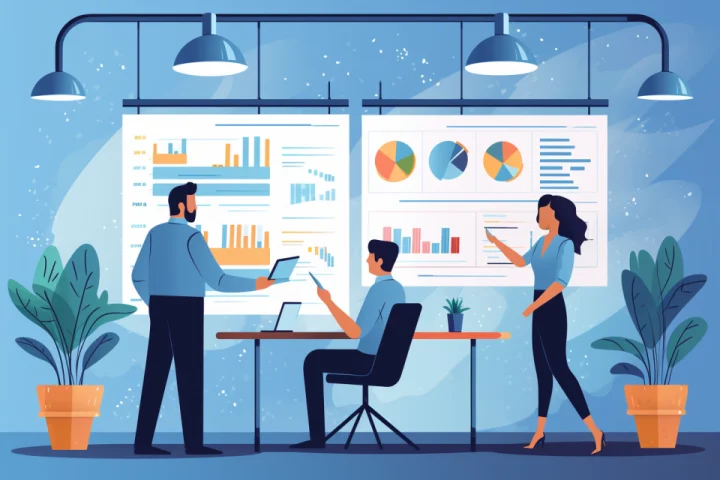 A group of people are measuring ROI on digital marketing graphs displayed on a wall.