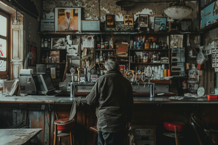 An elderly man sitting at a vintage bar surrounded by old posters and memorabilia, indicative of a venue that needs a website redesign, with dim lighting.
