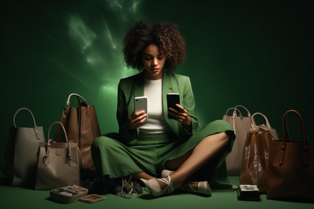 A woman is sitting on the floor with shopping bags in front of her, engaging in E-commerce.