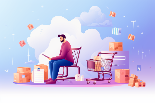 A man surrounded by boxes on a chair, as part of an E-Commerce website showcasing various components.