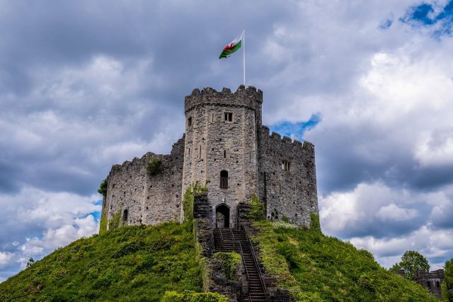 Stone castle on green hill in Cardiff